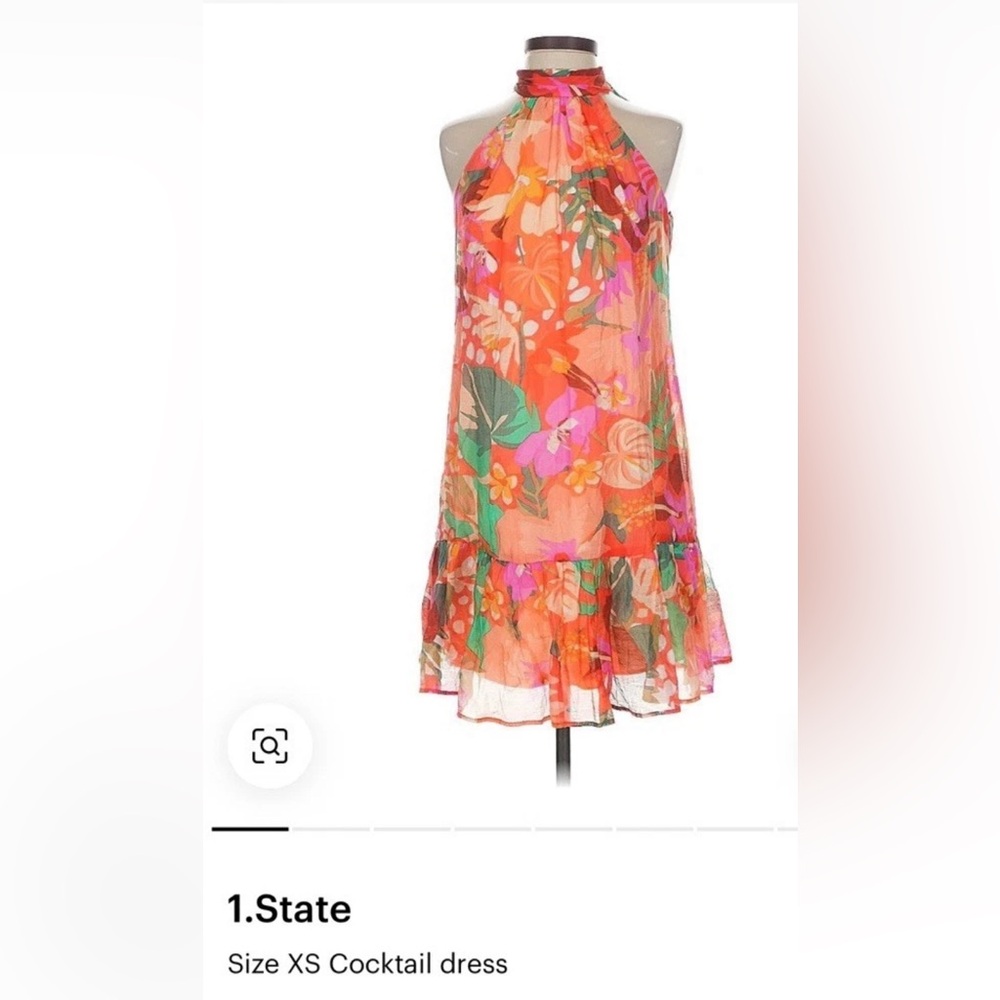 1. State‎ Halter Neck Leaf Print Mini Dress Ruffle Hem Tropical Art Spring XL